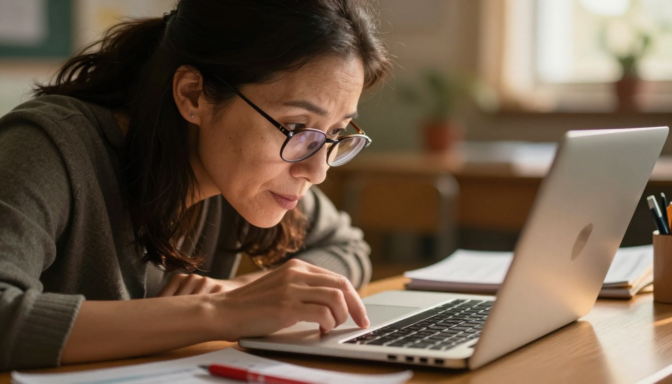 Teacher reviewing a digital flipbook on her laptop at a classroom desk