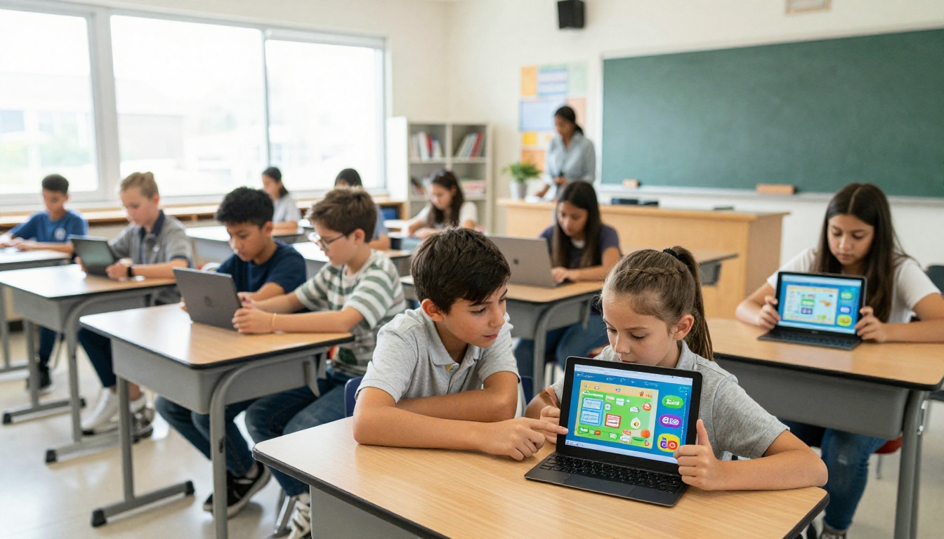 Students in a modern classroom using tablets to view interactive flipbook lessons