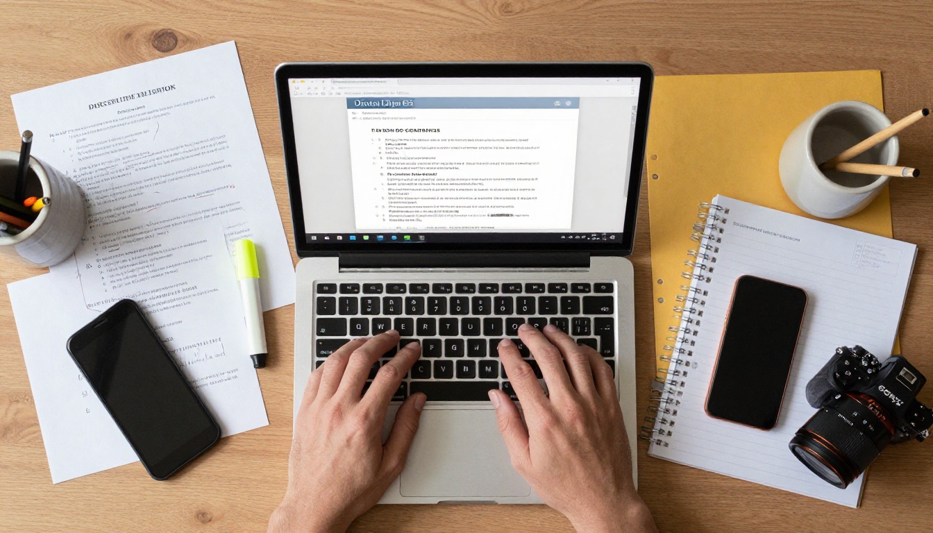 Aerial view of a teacher's desk with a PDF document being converted to a digital flipbook