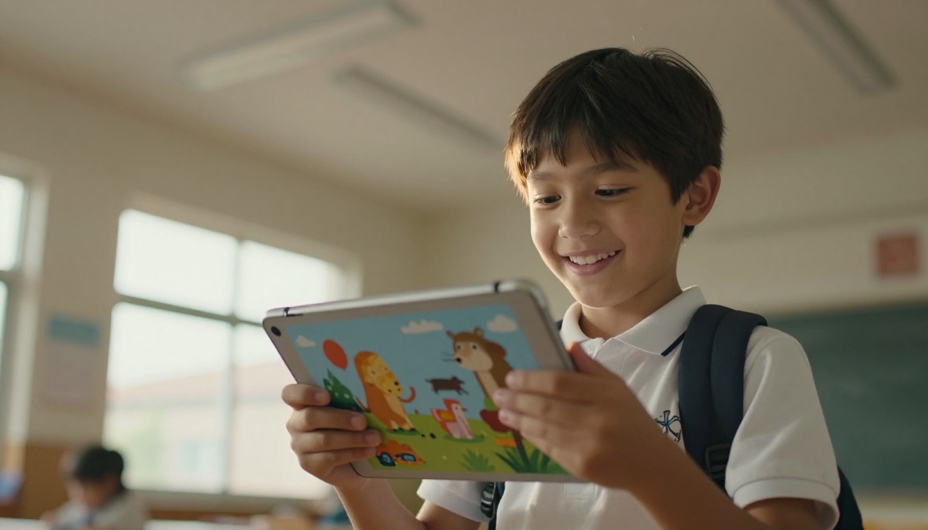A student smiling while reading a colorful digital flipbook on a tablet