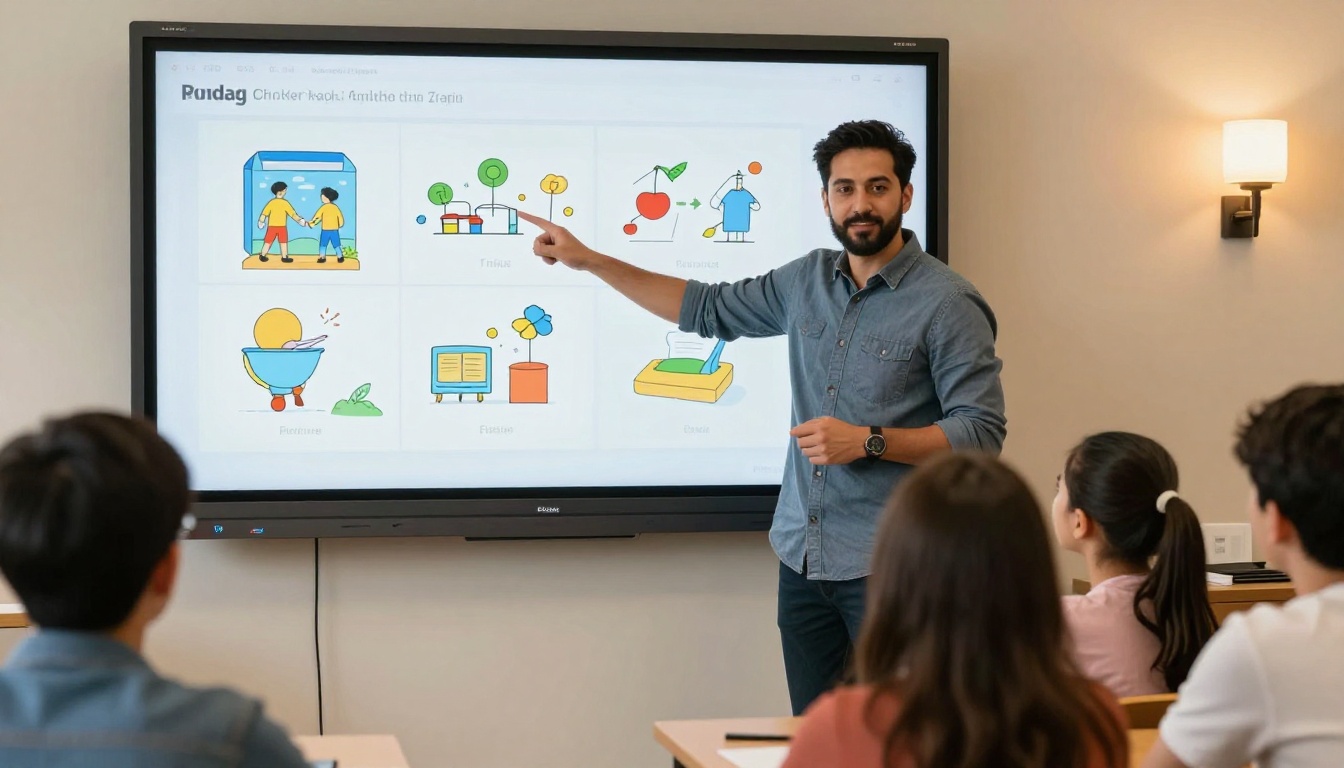 Male teacher presenting a digital flipbook to a small attentive group of students