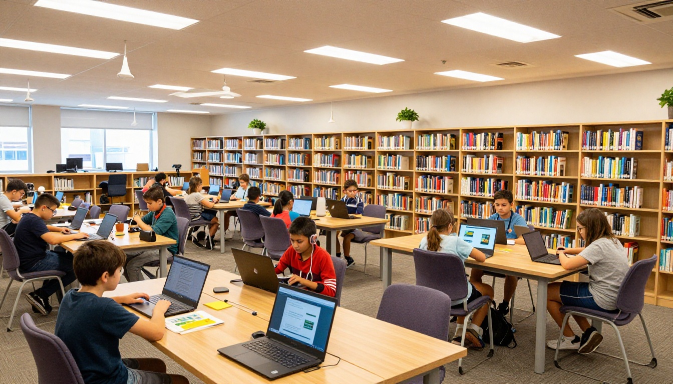 Students of various ages in a bright modern school library using laptops and tablets
