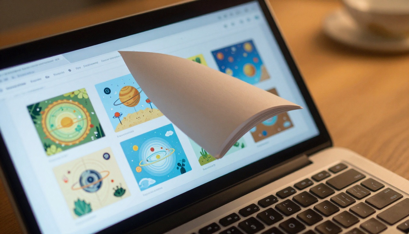 Close-up of a laptop screen showing a digital flipbook with a page mid-flip animation