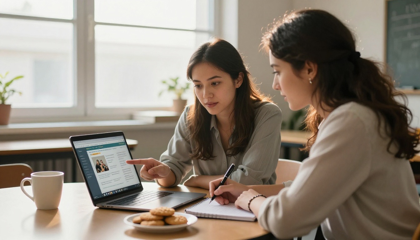 Two female teachers collaborating over a laptop in a school staff room