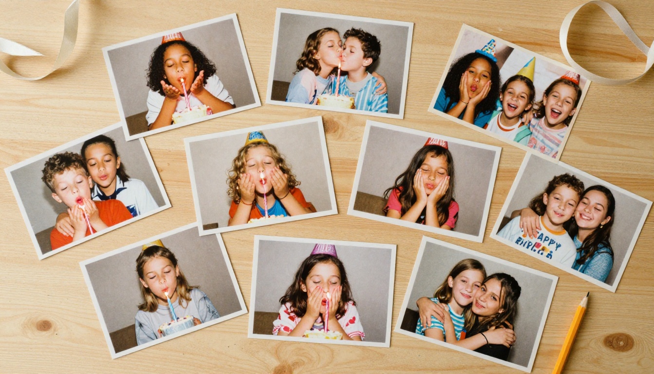 Flat lay of birthday photos spread across a wooden table ready to sequence Flat lay of birthday photos spread across a wooden table ready to sequence