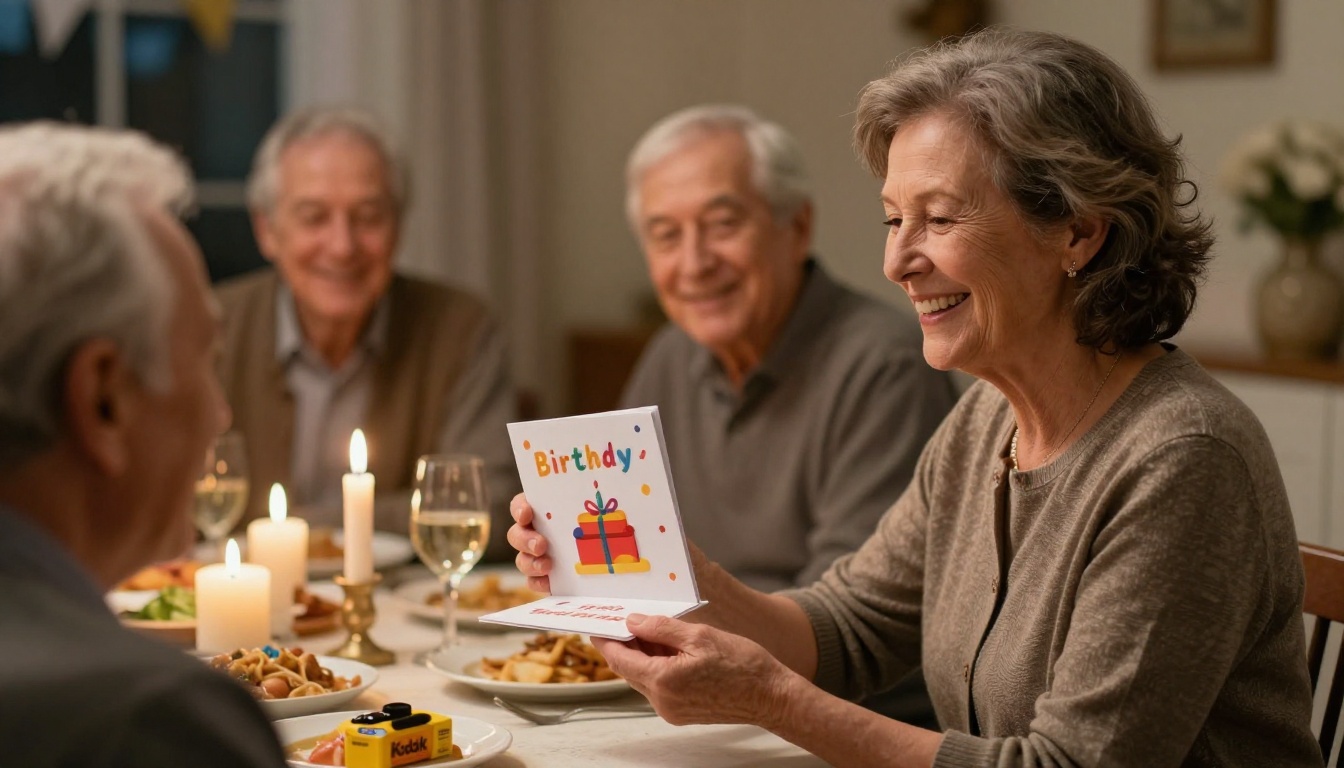 A woman presenting a handmade birthday flipbook gift at a family dinner A woman presenting a handmade birthday flipbook gift at a family dinner