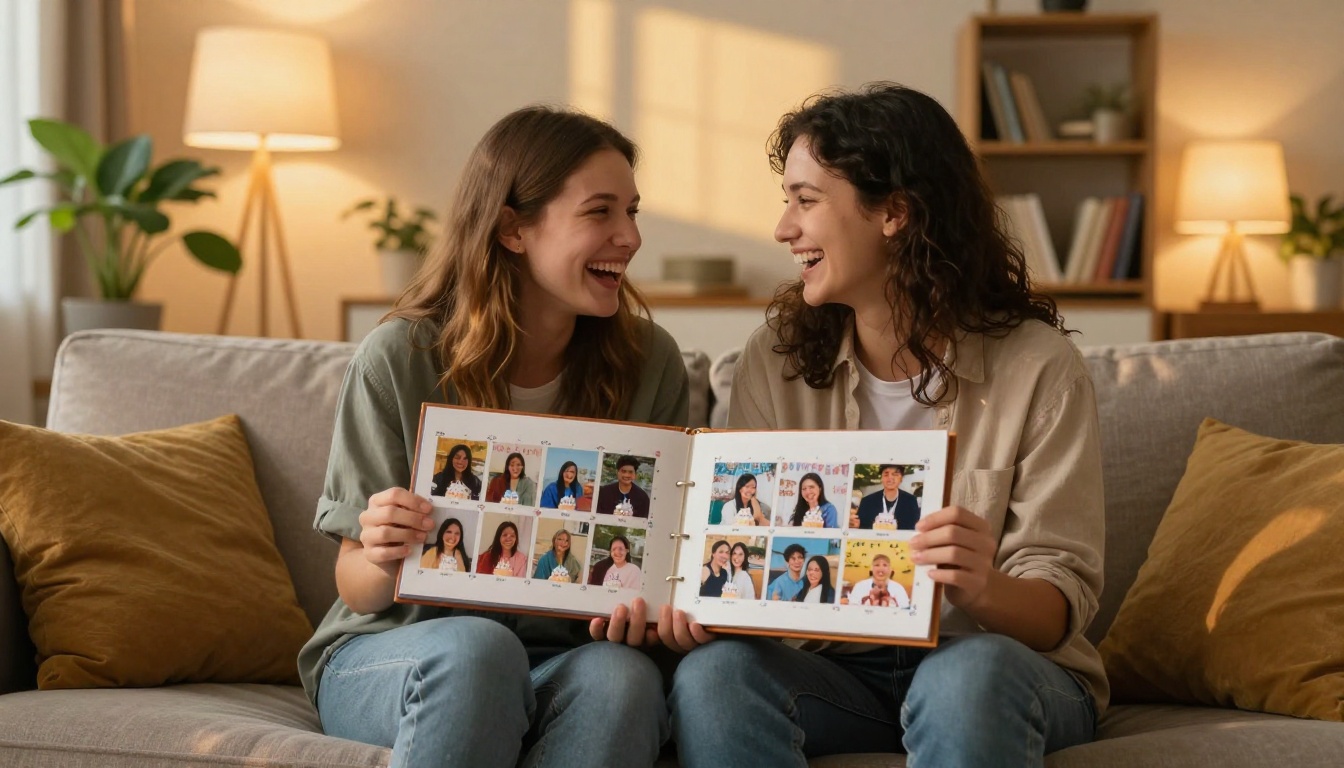 A couple laughing together while flipping through a birthday photo flipbook A couple laughing together while flipping through a birthday photo flipbook