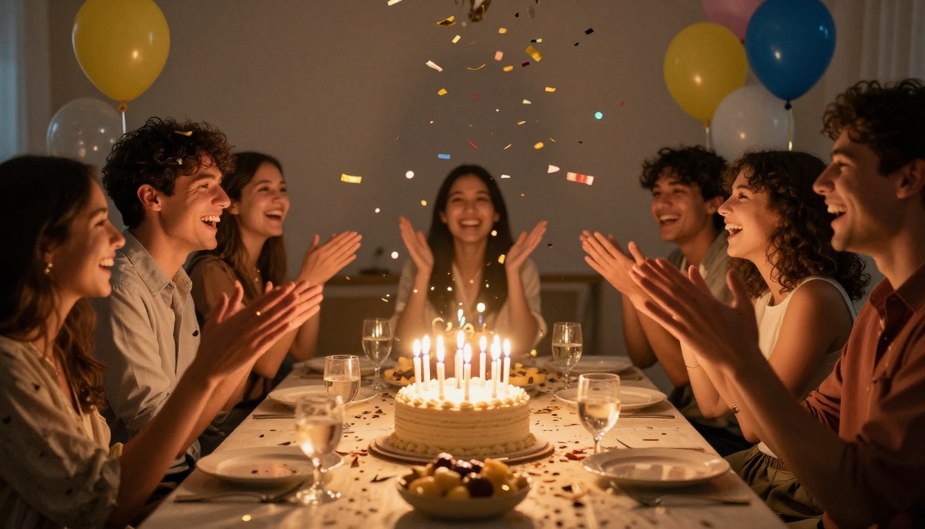 A birthday party scene from a low angle, guests gathered around a glowing cake A birthday party scene from a low angle, guests gathered around a glowing cake