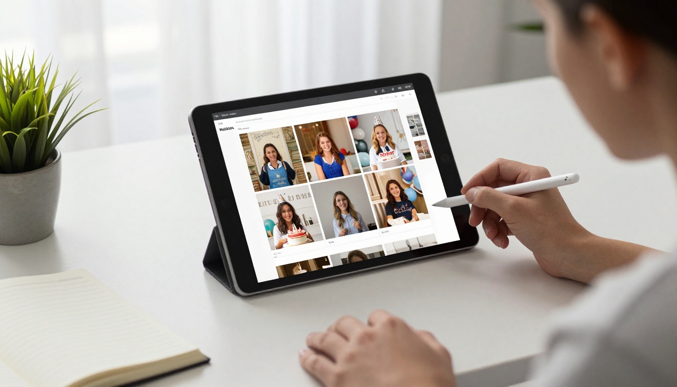 A person designing birthday flipbook pages on a tablet at a clean white desk A person designing birthday flipbook pages on a tablet at a clean white desk