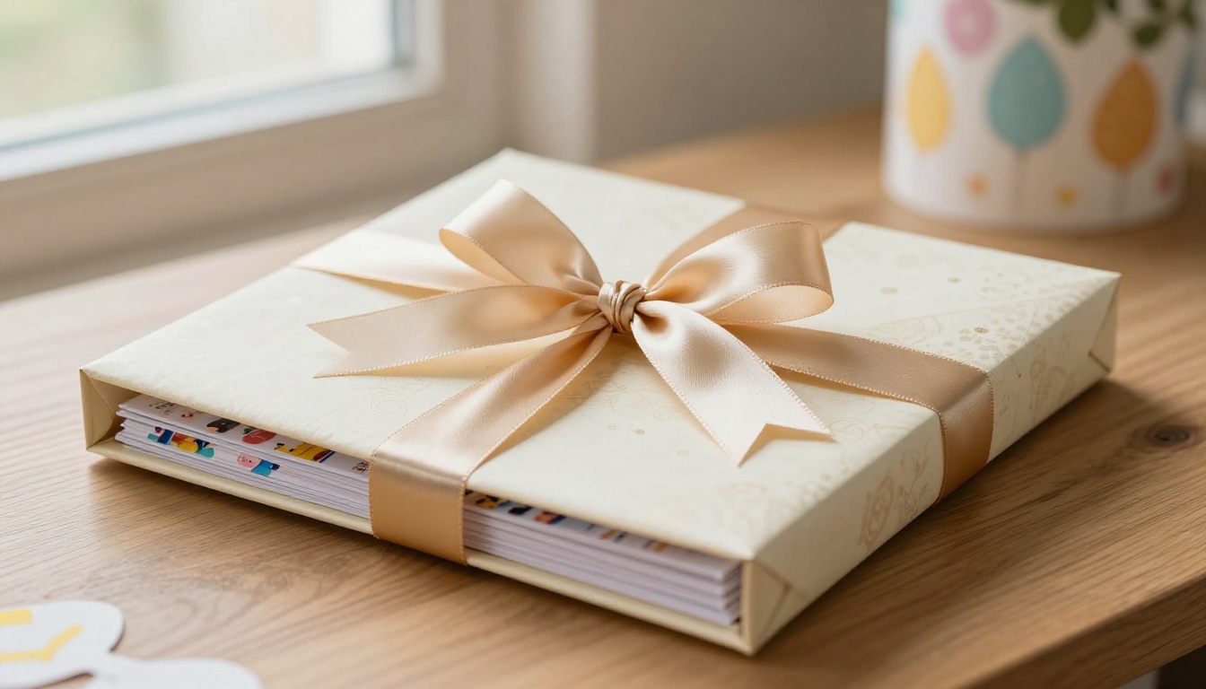 A beautifully wrapped birthday flipbook gift with a satin ribbon bow on a wooden table A beautifully wrapped birthday flipbook gift with a satin ribbon bow on a wooden table