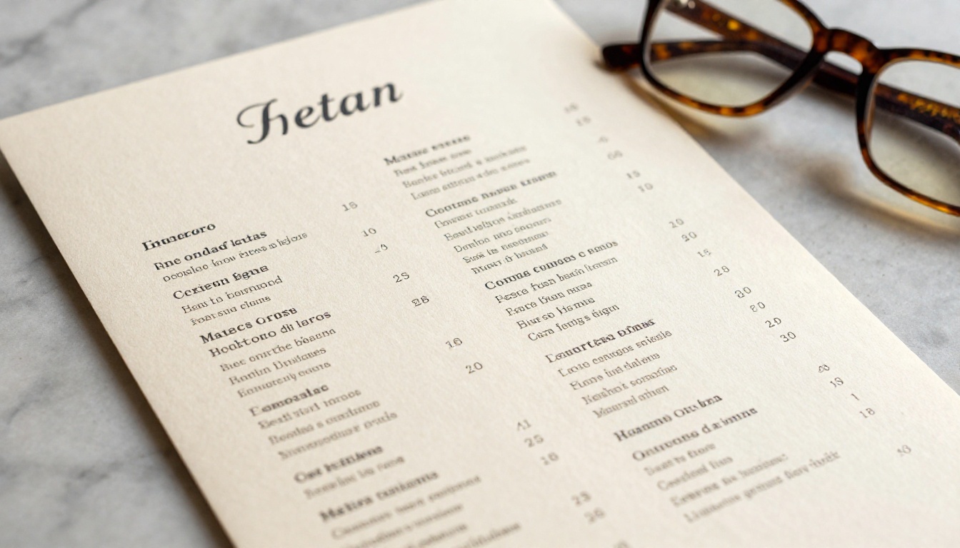 Menu page close-up on marble surface showing premium typography Menu page close-up on marble surface showing premium typography