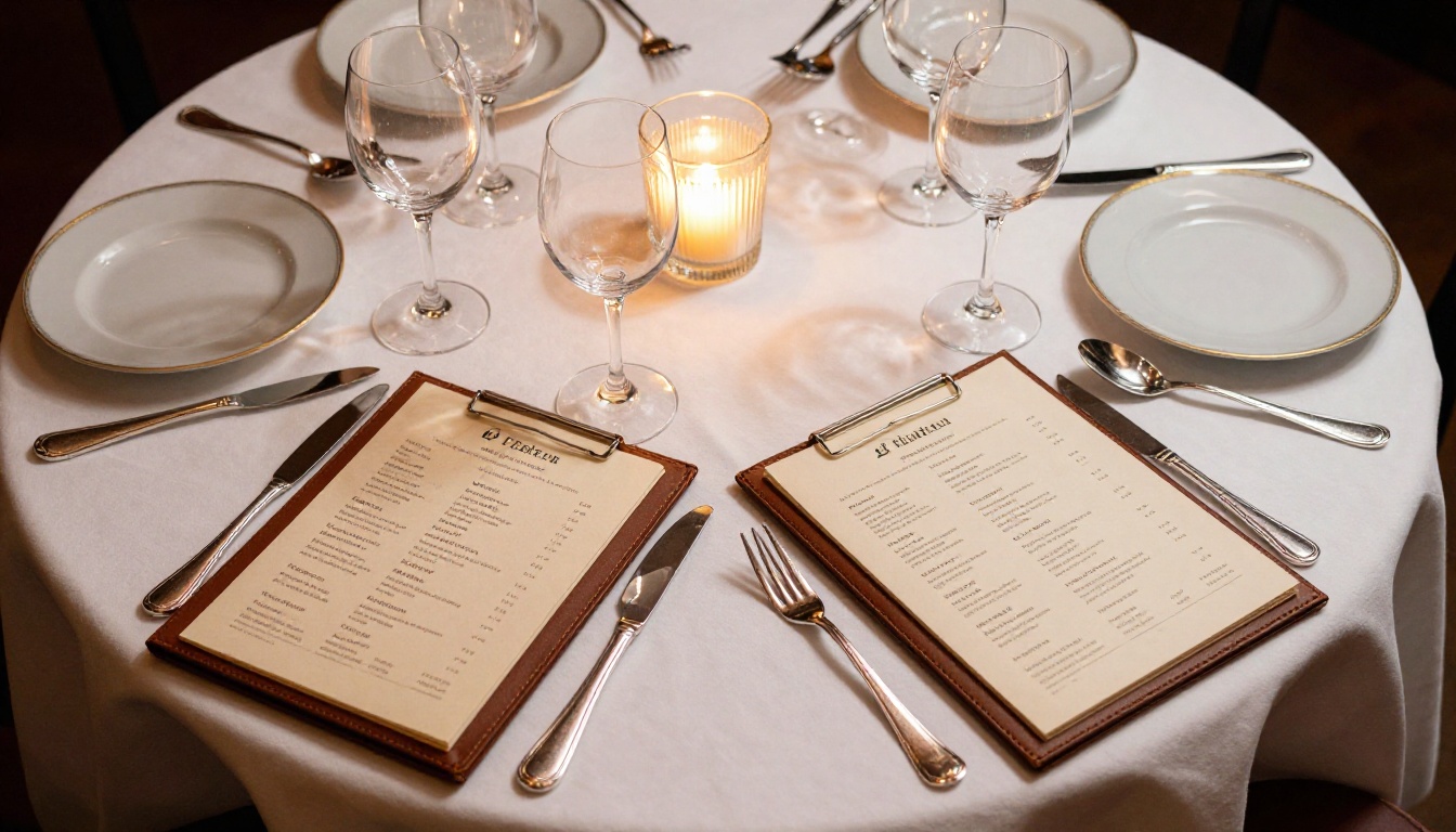Fine dining table setting aerial view with open printed menus Fine dining table setting aerial view with open printed menus