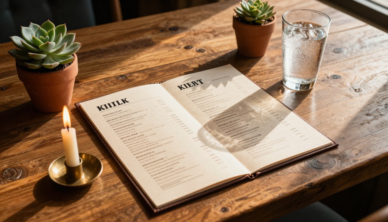 Rustic restaurant table with open menu, candle, and sparkling water Rustic restaurant table with open menu, candle, and sparkling water