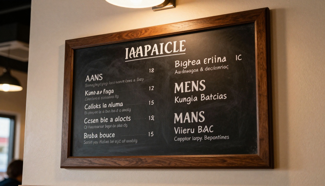 Menu board display on restaurant wall photographed at low angle