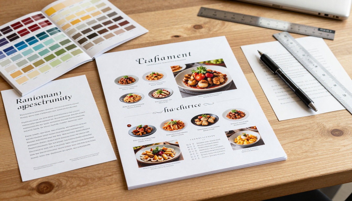Menu design process flat lay with Pantone swatches and print proof sheet
