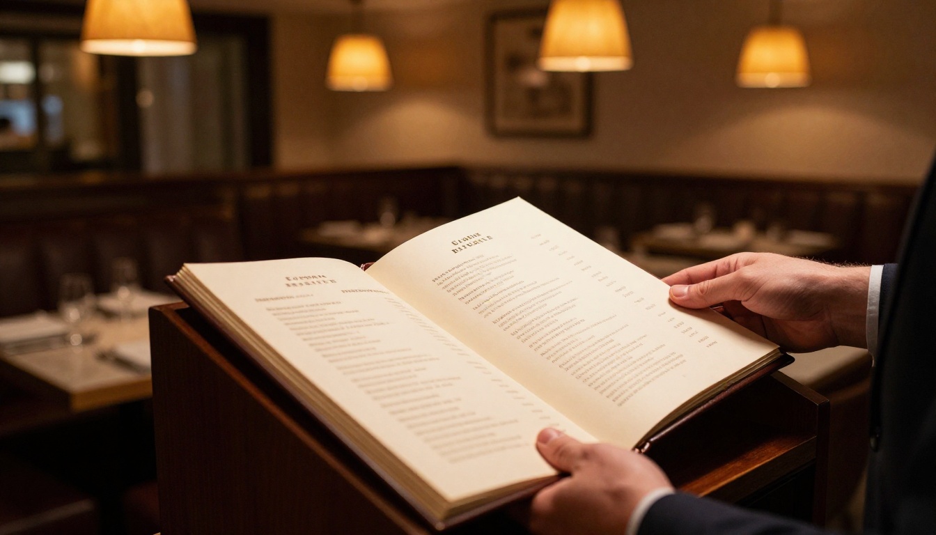 Restaurant host presenting printed menu booklet to guest at podium