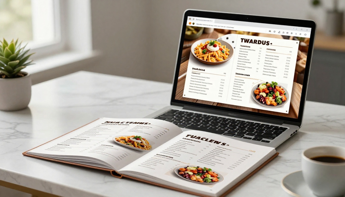 Laptop showing digital flipbook menu beside physical printed version on marble desk