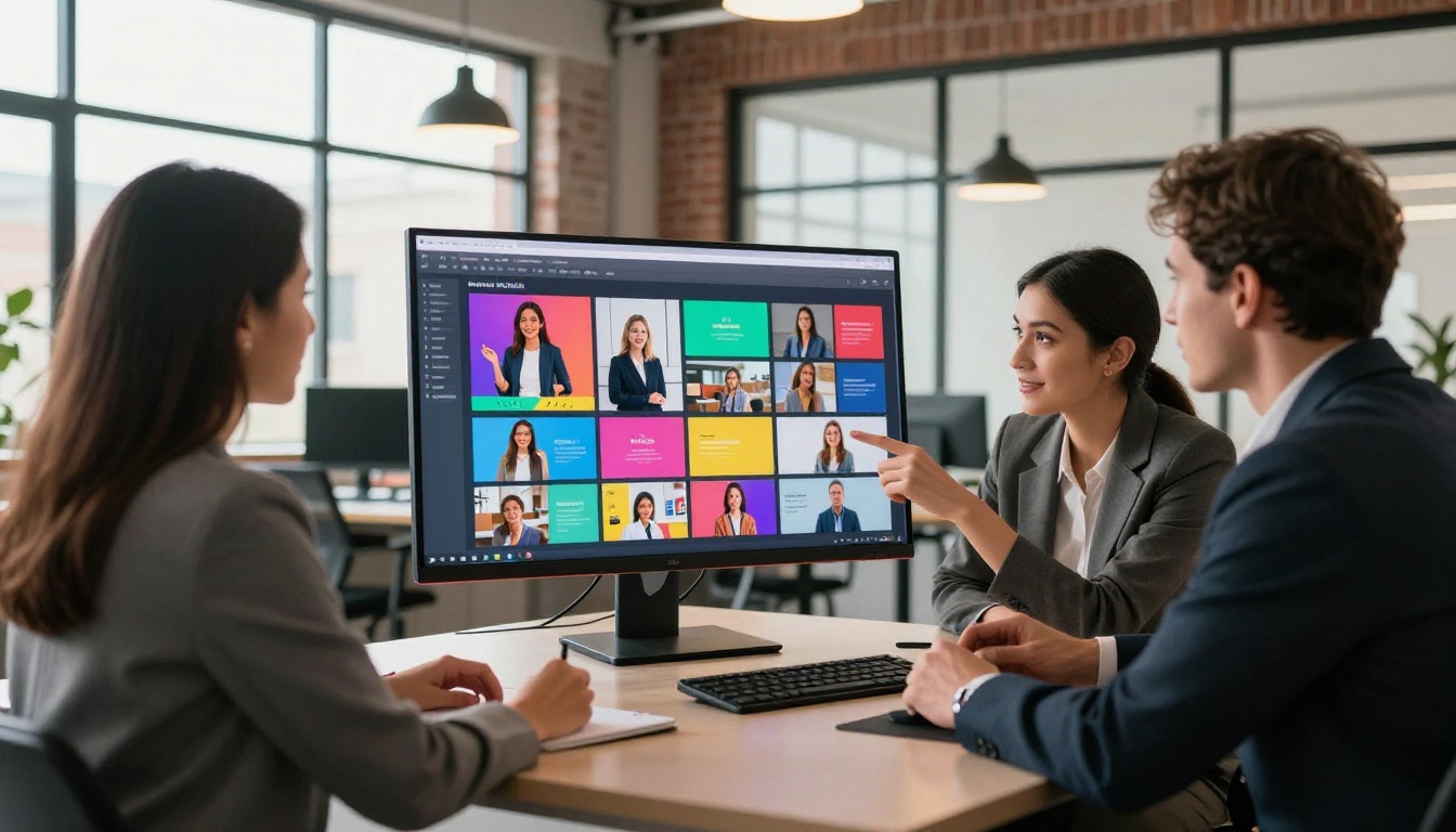 Saleswoman presenting digital interactive catalog to engaged clients on large monitor