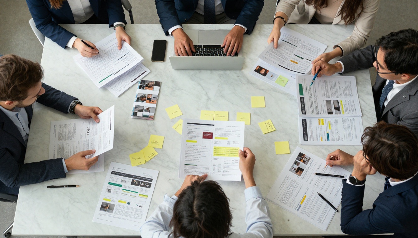 Marketing team overwhelmed by stacks of printed catalogs and brochures on meeting table