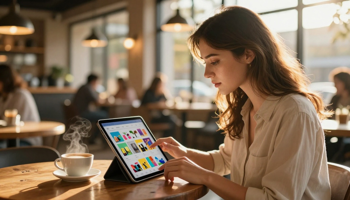 Young professional woman browsing digital product catalog on tablet in coffee shop