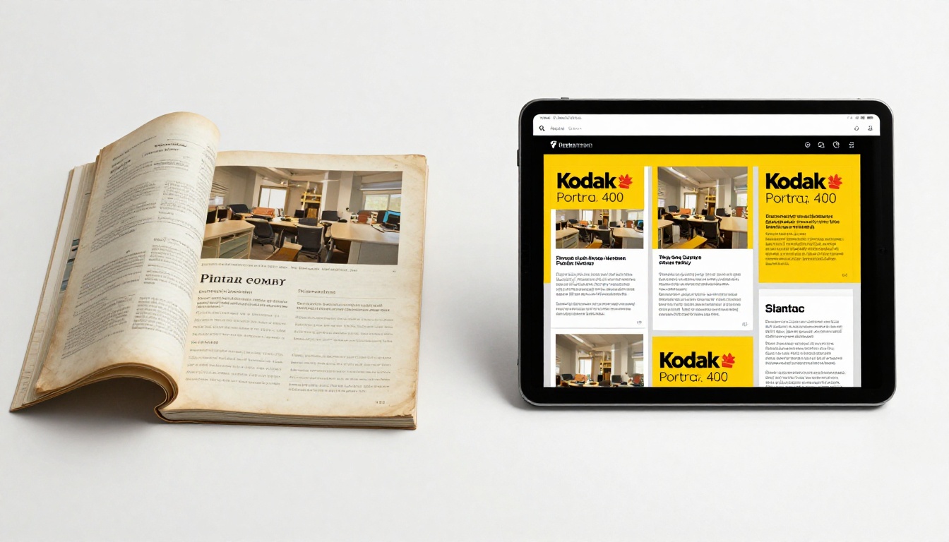 Split comparison of printed catalog versus vibrant digital catalog on tablet