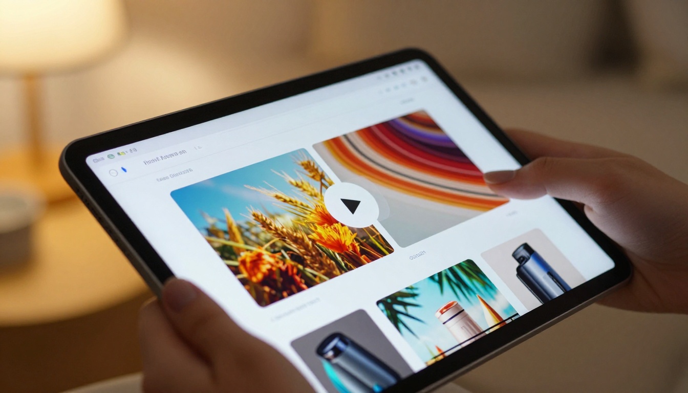 Close-up of interactive digital product catalog on tablet with page-turn animation and embedded video