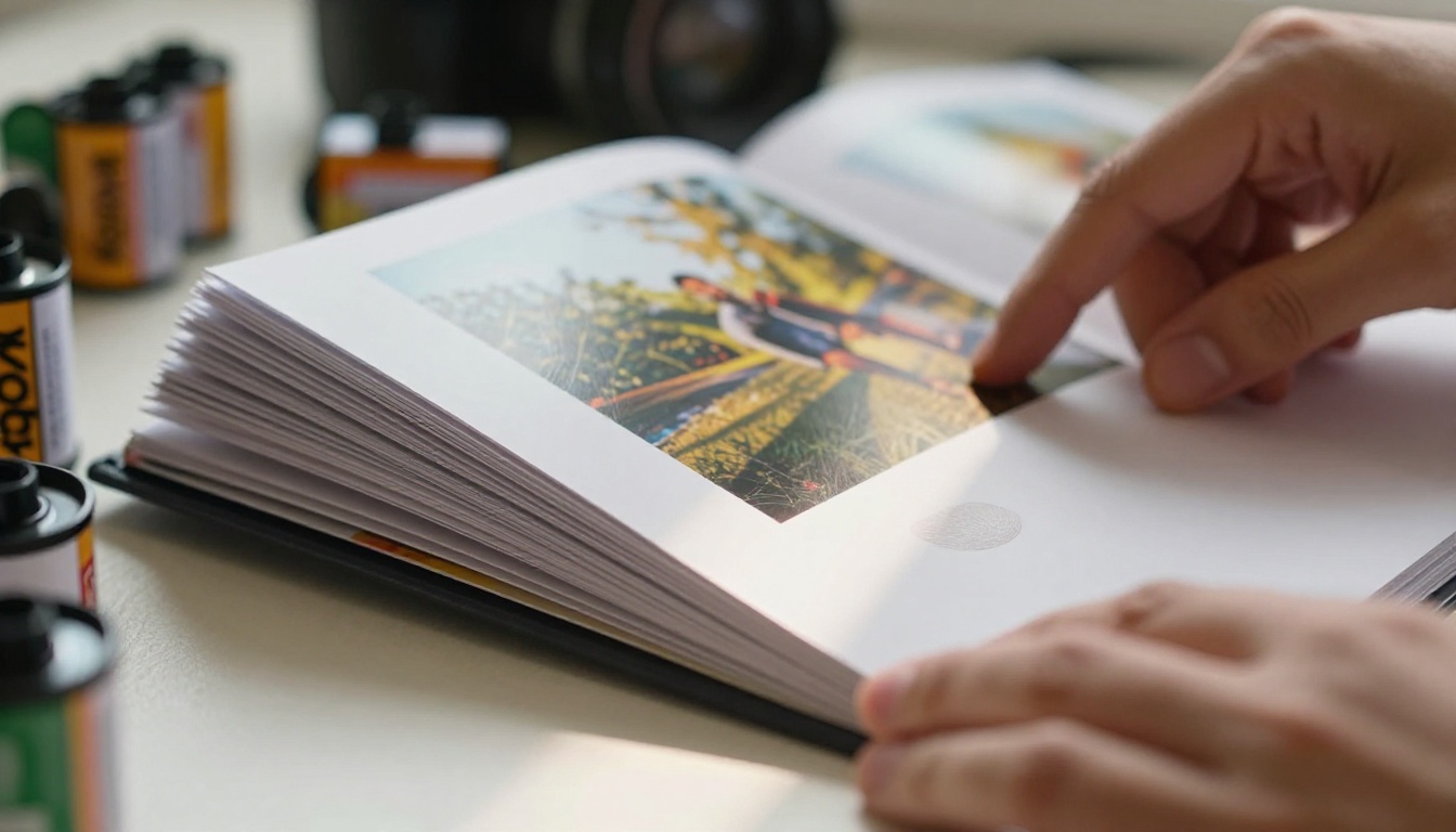 Photographer's hands carefully turning the page of a premium photography flipbook