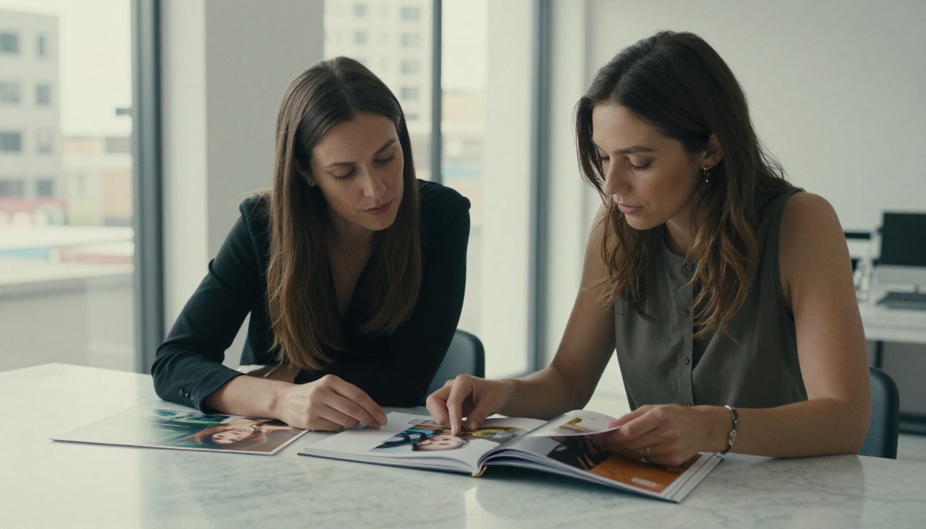 Female photographer presenting her flipbook portfolio to a client at a marble table