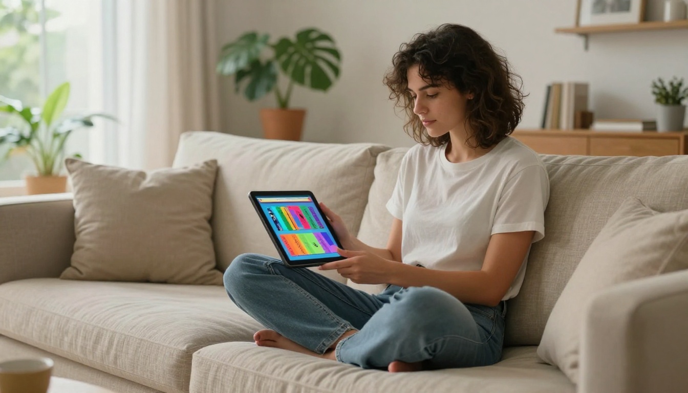 Woman relaxing on a sofa viewing a digital flipbook on her tablet