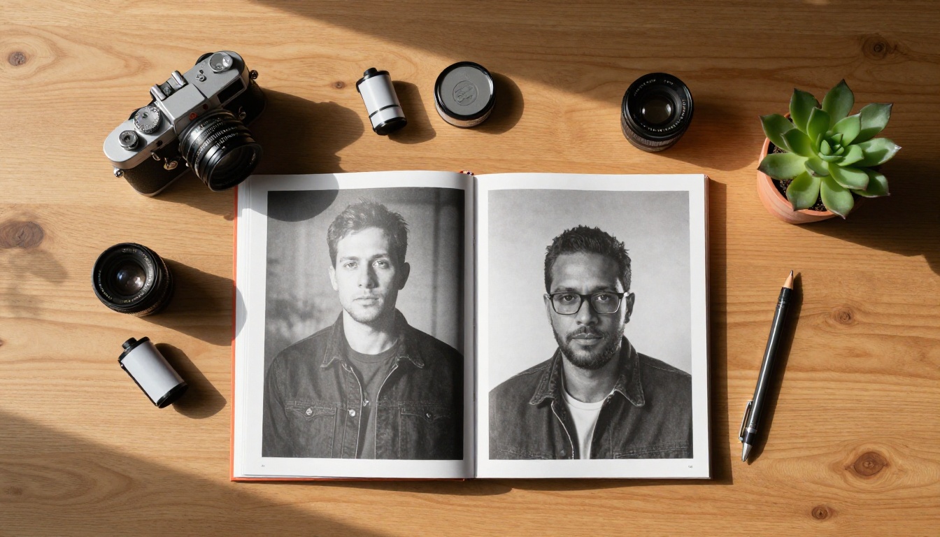 Aerial flat-lay of a photography portfolio flipbook surrounded by camera equipment on a wood desk