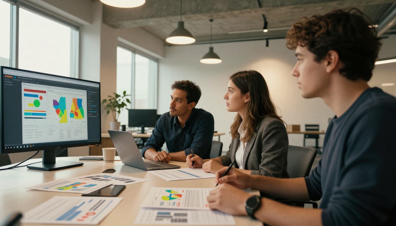 Marketing team reviewing flipbook analytics on a large monitor