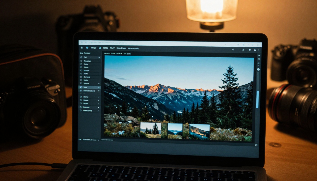 Laptop screen showing a digital flipbook interface mid-page-flip in a dark photography studio