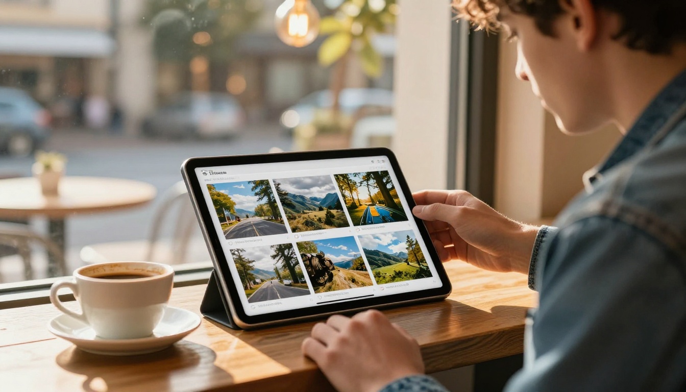 Male photographer reviewing his photography flipbook portfolio on a tablet at a cafe
