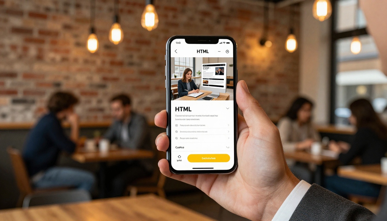 Businessman viewing an HTML email newsletter on his phone in a café