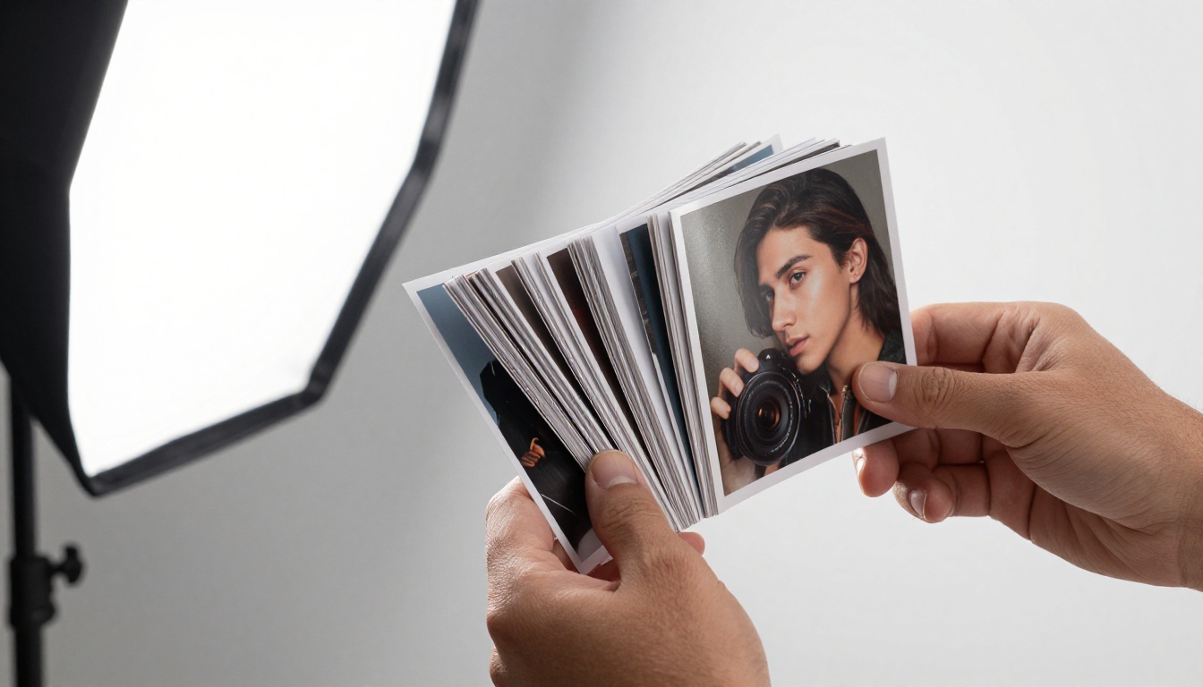Hands holding a slim photography flipbook open at the center spread with portrait photographs