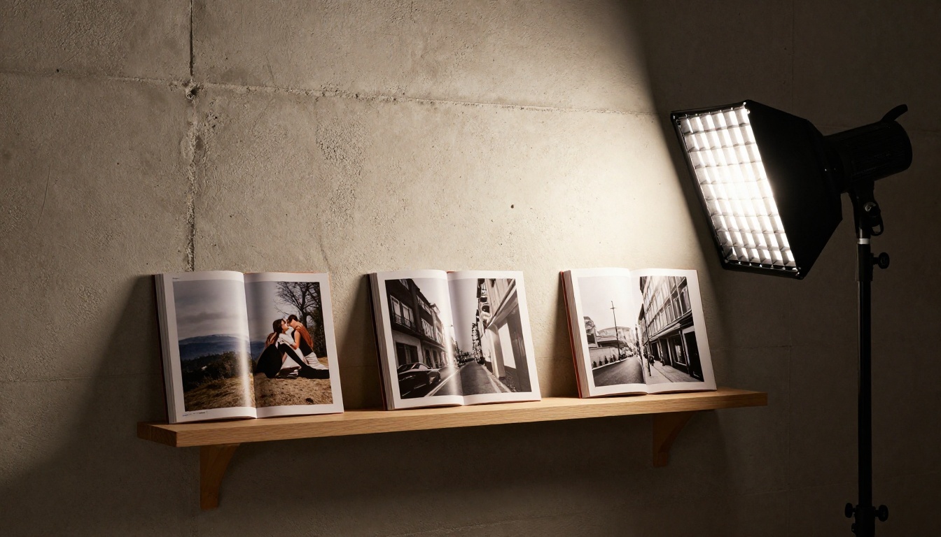 Three photography portfolio flipbooks displayed on a concrete studio wall shelf