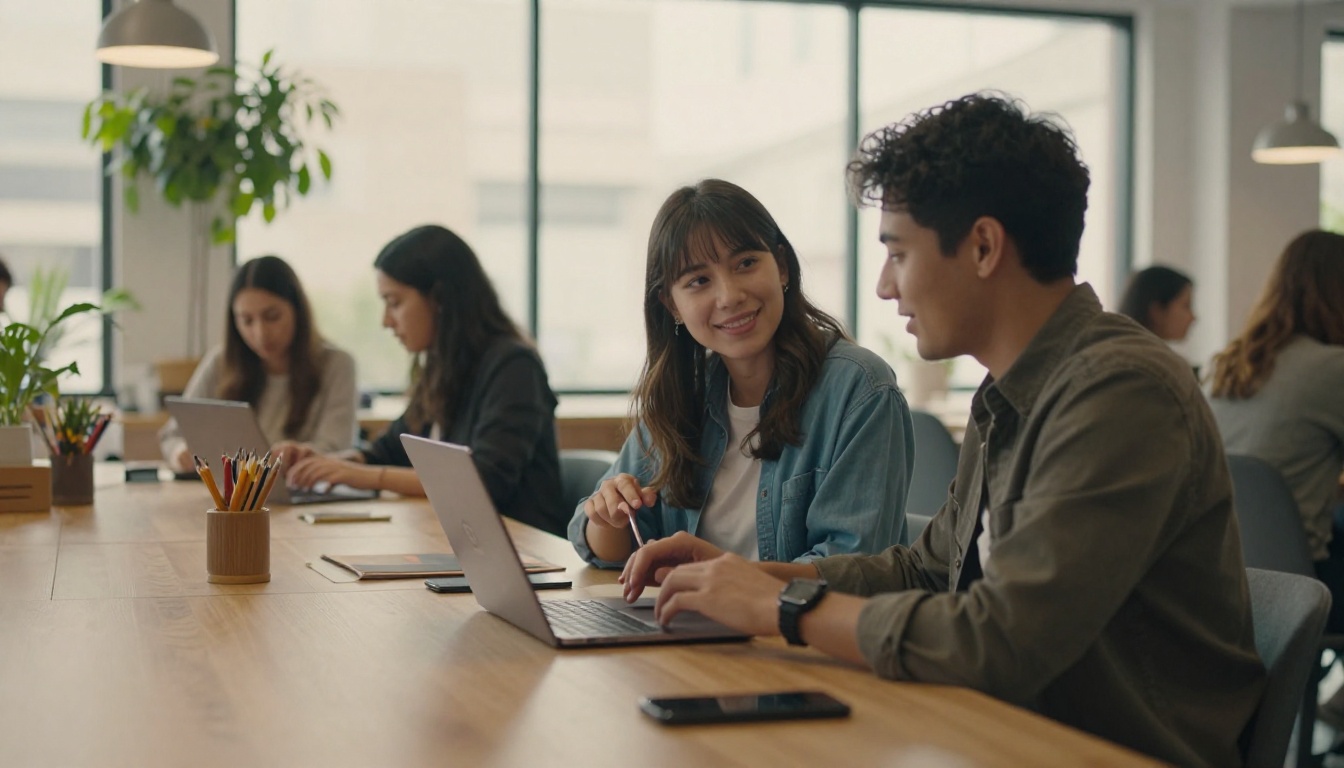 Young woman presenting a digital flipbook to a colleague in a coworking space