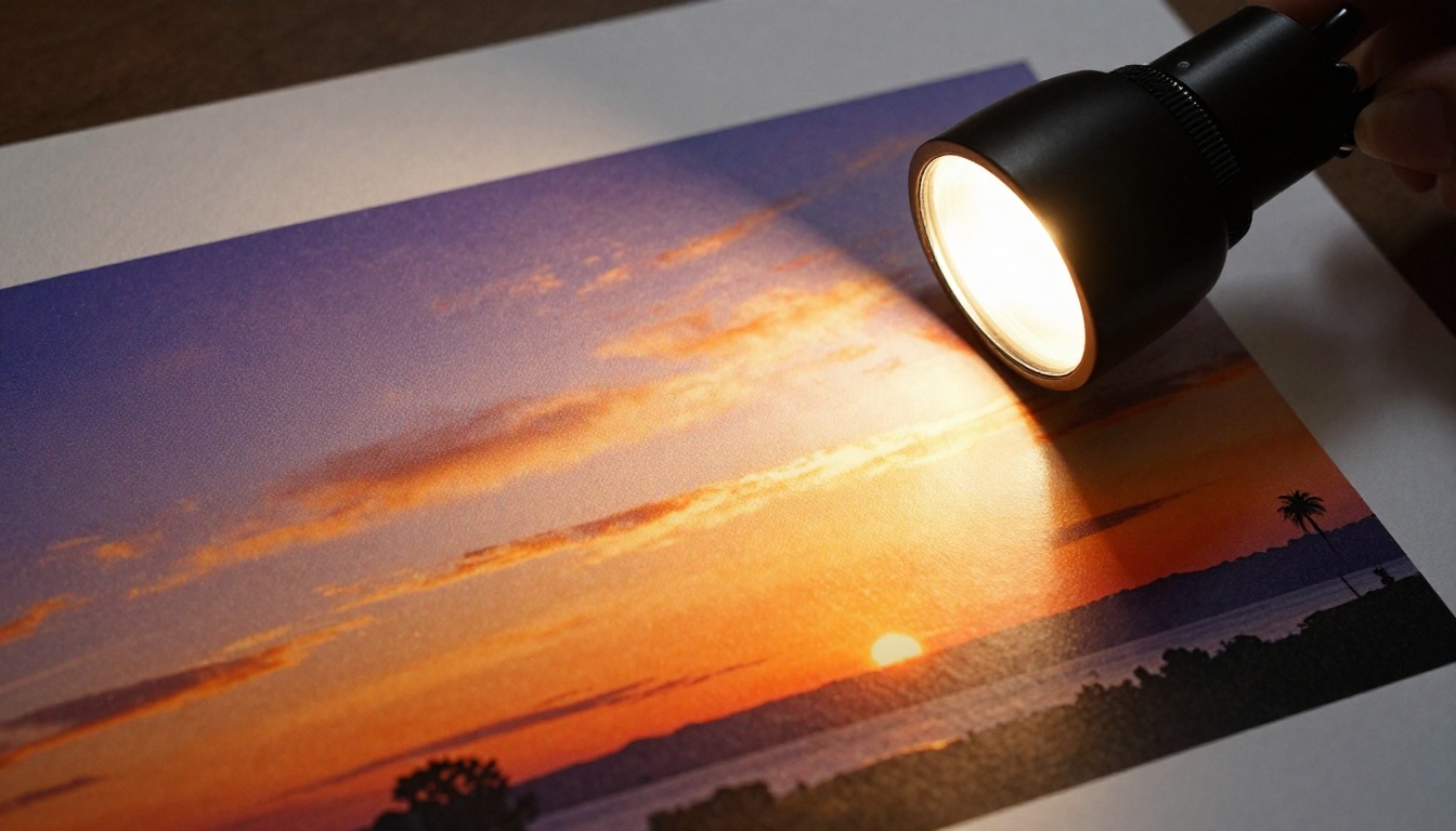 Close-up macro of a photography flipbook page showing a golden hour landscape with rich print texture