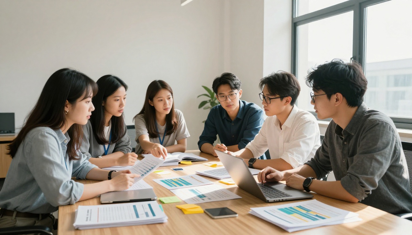 Nonprofit team reviewing digital materials around a conference table Nonprofit team reviewing digital materials around a conference table