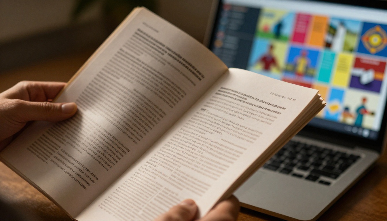Close-up of hands holding a printed nonprofit report beside a laptop displaying a digital flipbook Close-up of hands holding a printed nonprofit report beside a laptop displaying a digital flipbook