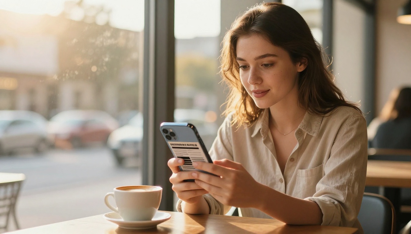 Woman reading a nonprofit newsletter flipbook on her smartphone at a sunlit coffee shop Woman reading a nonprofit newsletter flipbook on her smartphone at a sunlit coffee shop