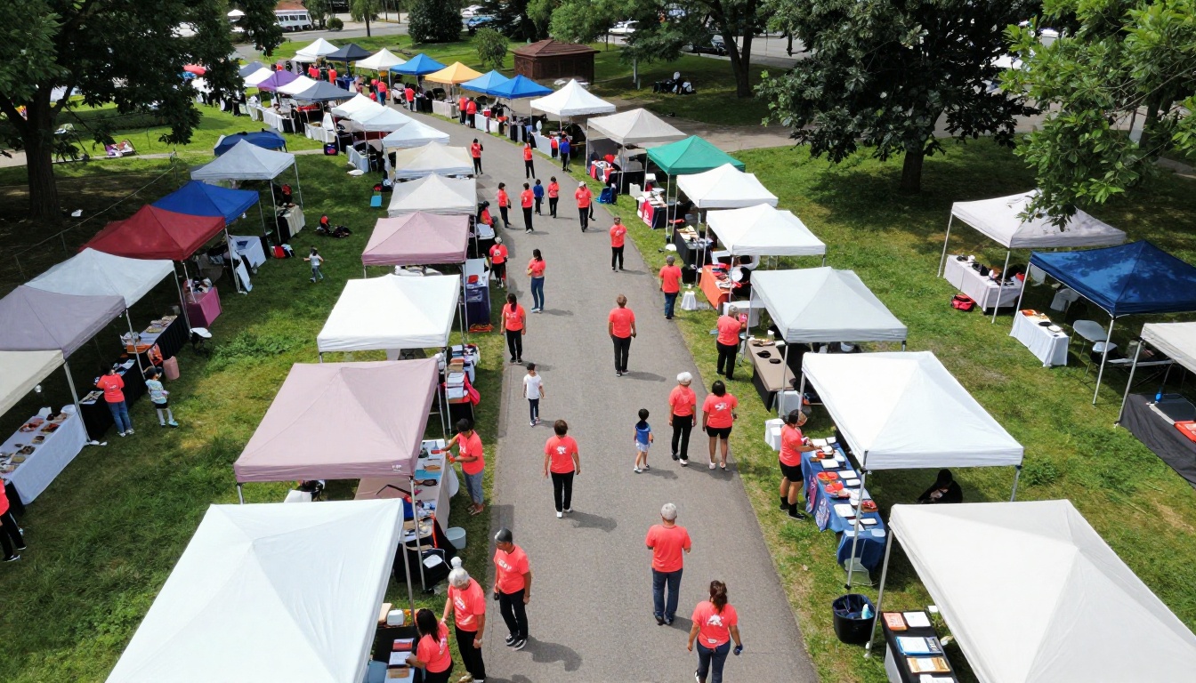 Aerial view of a community fundraising event with volunteers and colorful tents on green grass Aerial view of a community fundraising event with volunteers and colorful tents on green grass