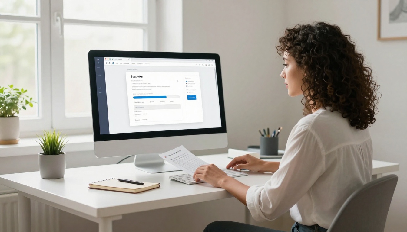 Woman uploading a PDF document on her computer in a bright modern home office Woman uploading a PDF document on her computer in a bright modern home office