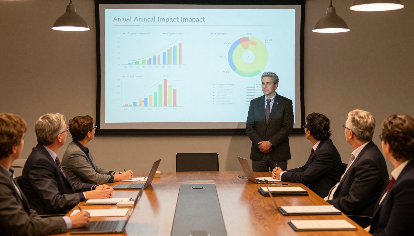 Nonprofit executive director presenting impact data on a projection screen to board members
