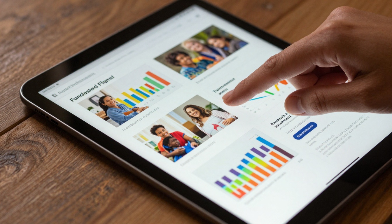 Close-up of a tablet displaying a nonprofit fundraising flipbook with colorful infographic pages mid-flip