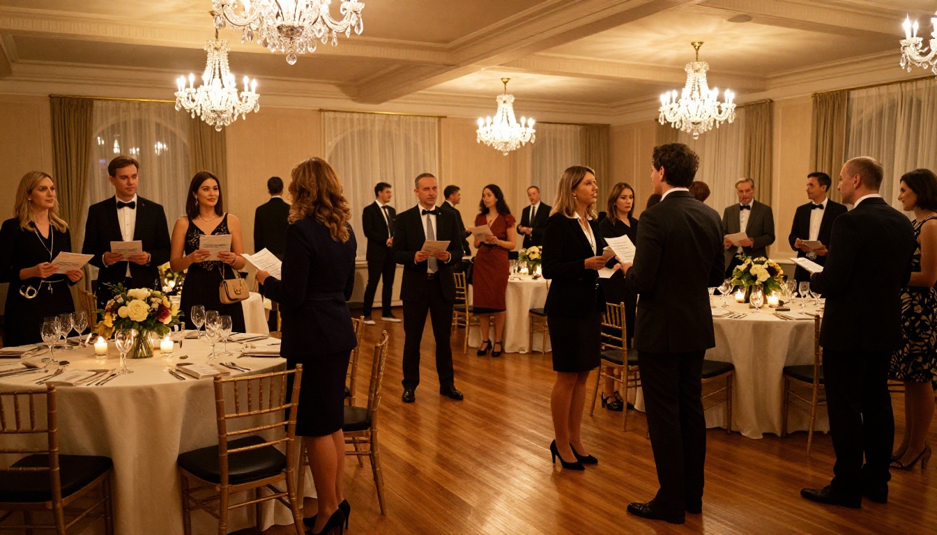 Charity gala guests in formal attire holding event programs in a warmly lit ballroom with crystal chandeliers