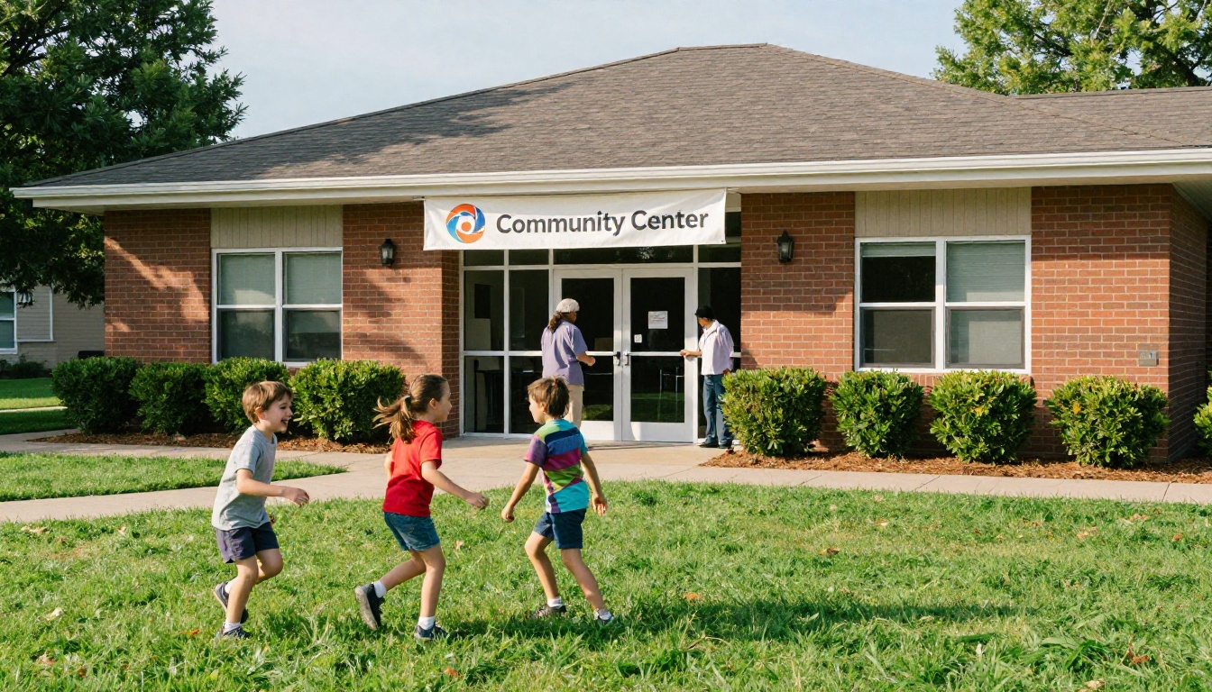 Welcoming nonprofit community center exterior with children playing on the front lawn