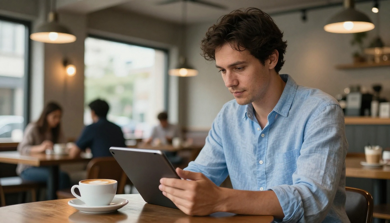 Man in coffee shop browsing a digital flipbook on a tablet Man in coffee shop browsing a digital flipbook on a tablet