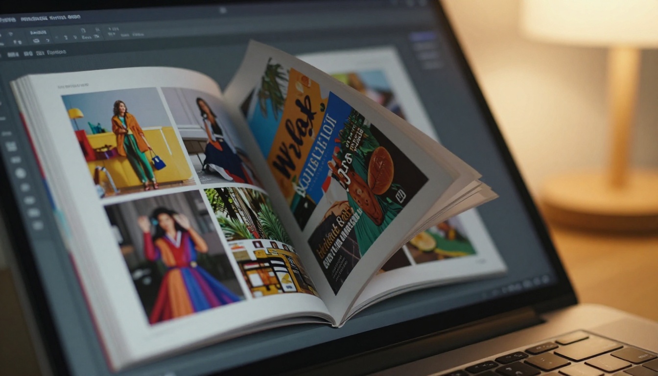Close-up of a laptop screen showing a digital flipbook mid-page-turn animation Close-up of a laptop screen showing a digital flipbook mid-page-turn animation