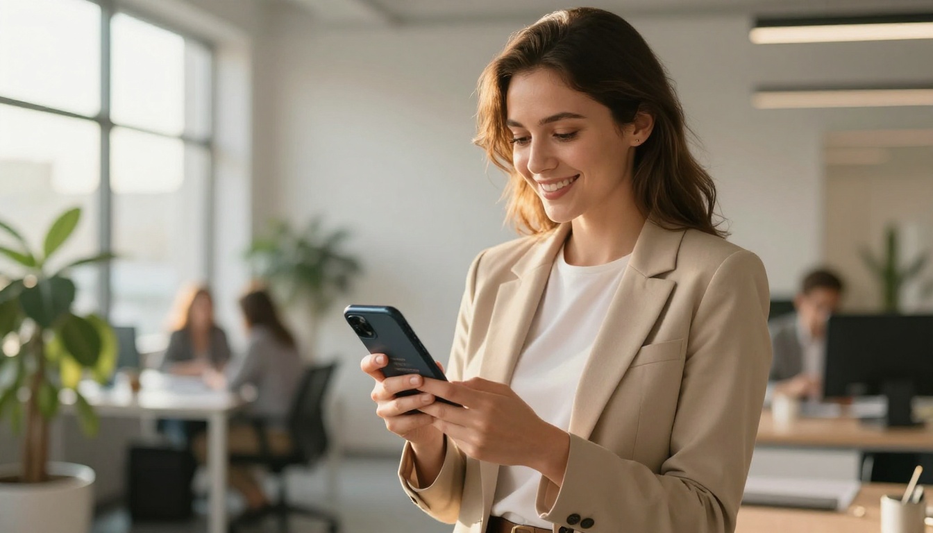 Woman in modern office holding a smartphone showing a shared flipbook link Woman in modern office holding a smartphone showing a shared flipbook link